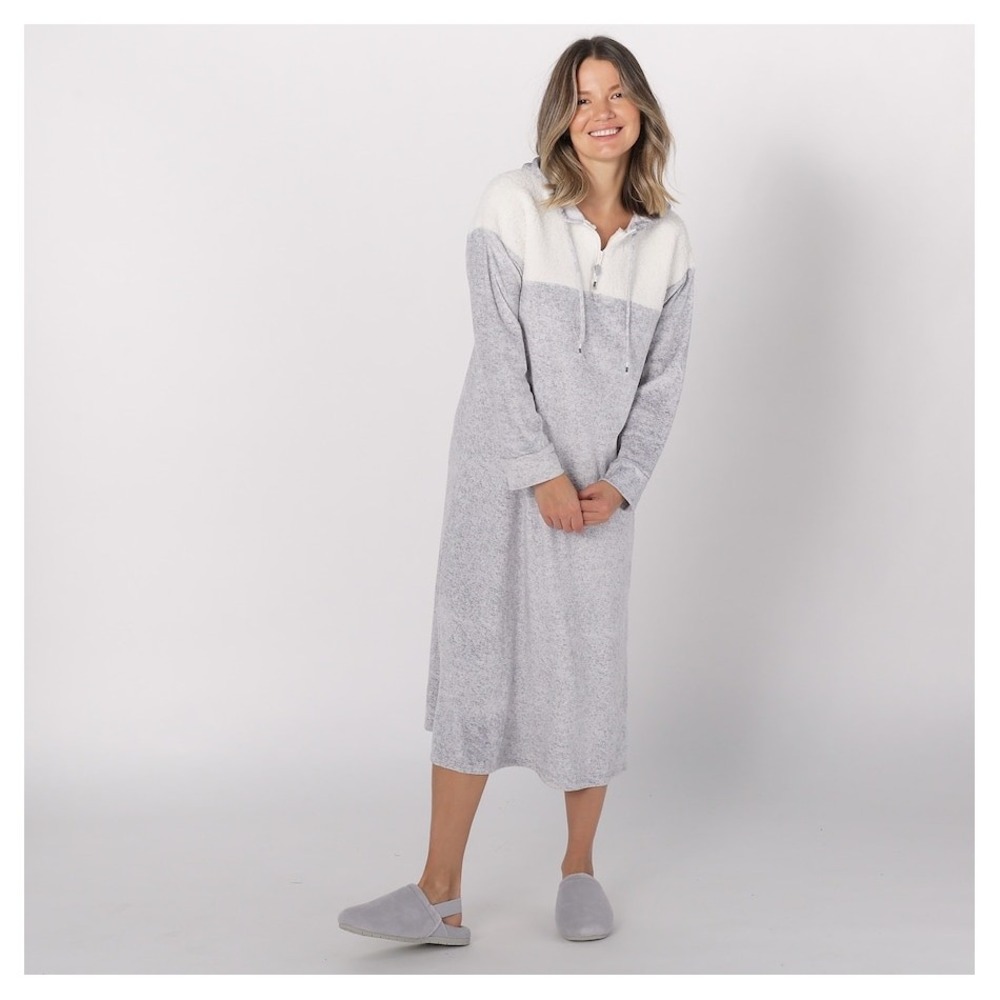 Cuddl Duds Fleece Hooded Nightgown Lounger Quarter Zip Colorblock Grey White